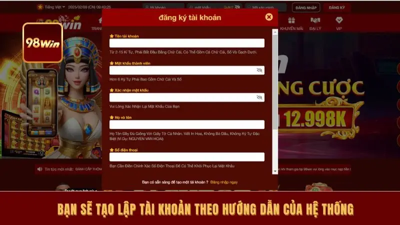 Bạn sẽ tạo lập tài khoản theo hướng dẫn của hệ thống