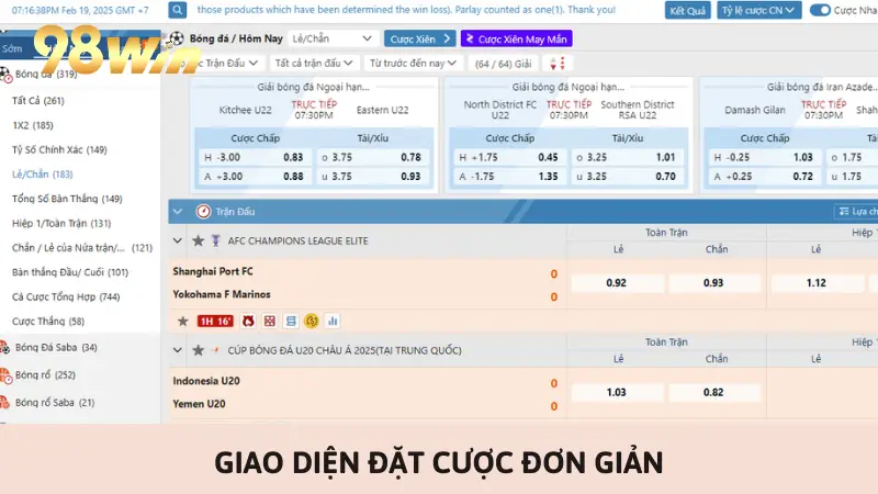 Giao diện đặt cược đơn giản